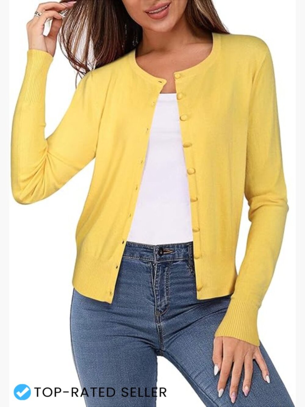 Lightweight Button Down Cardigan Long Sleeve Crew Neck Soft Knit Sweater Top